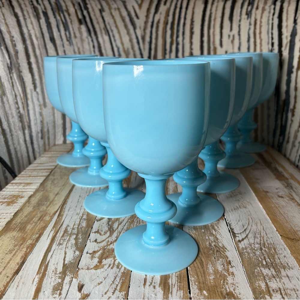 RARE Vintage Blue Opaline Glasses. Set of 8